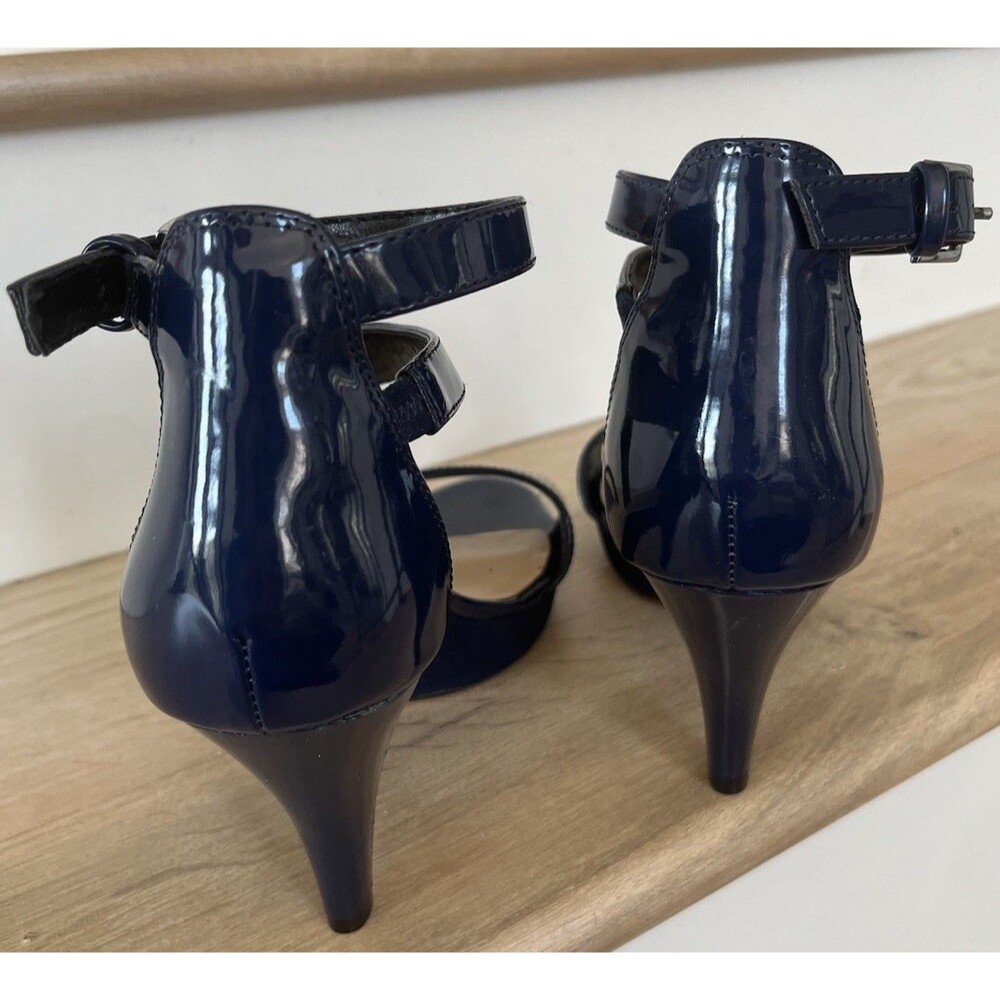 Marc New York Patent Leather Strappy Ankle Buckle Heeled Sandals 8.5M Navy Blue - Picture 4 of 10